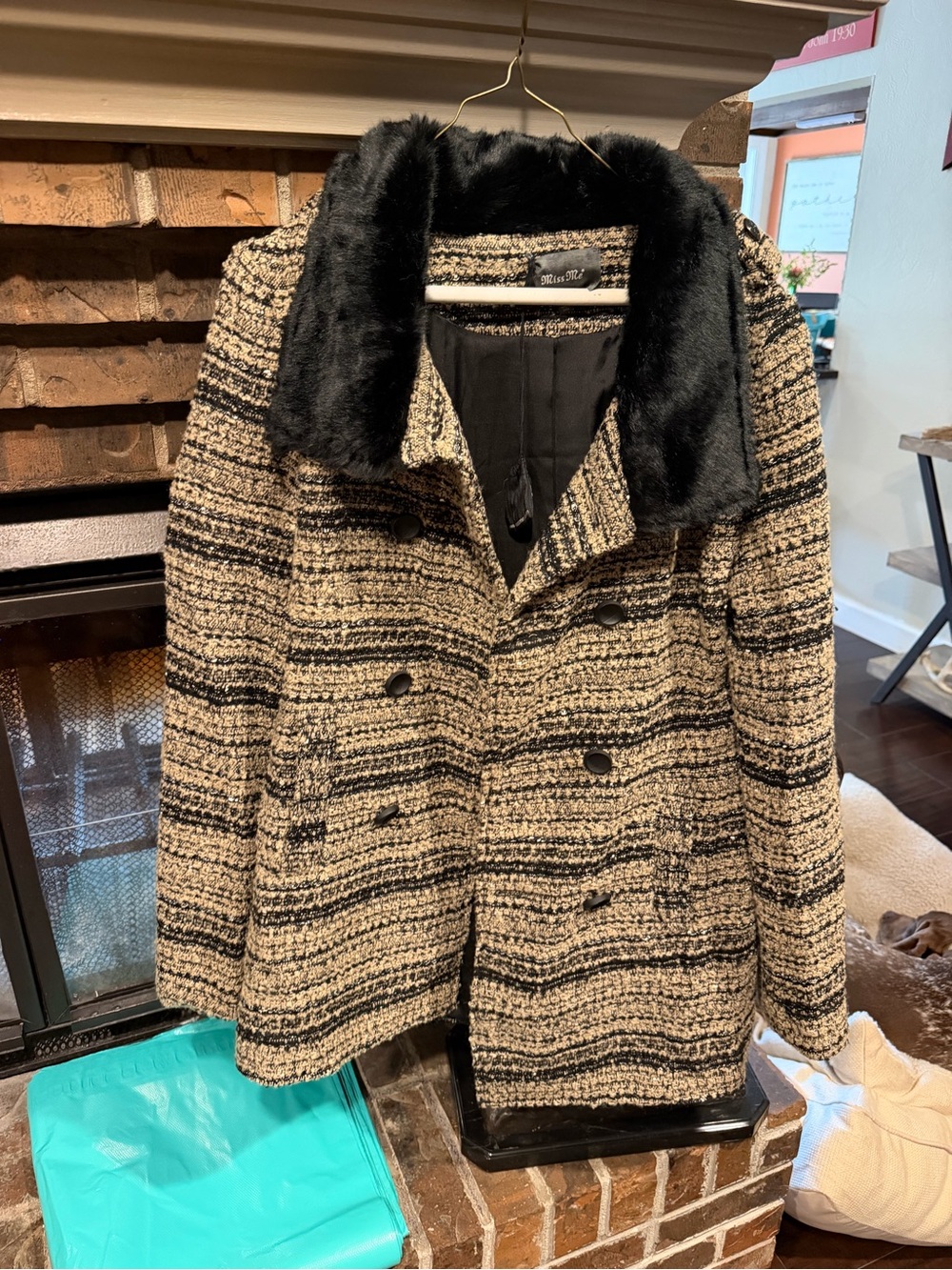 Miss Me Black and Cream Tweed Pea Coat with Faux Fur Collar